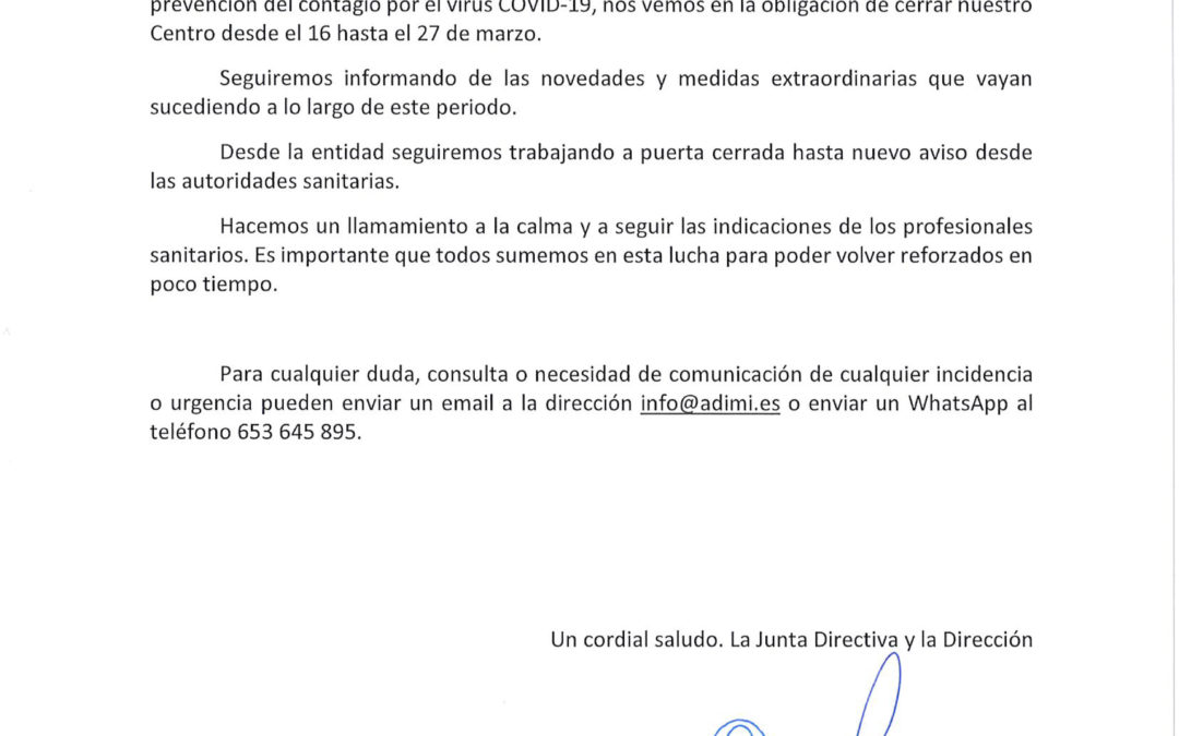 COMUNICADO IMPORTANTE CORONAVIRUS